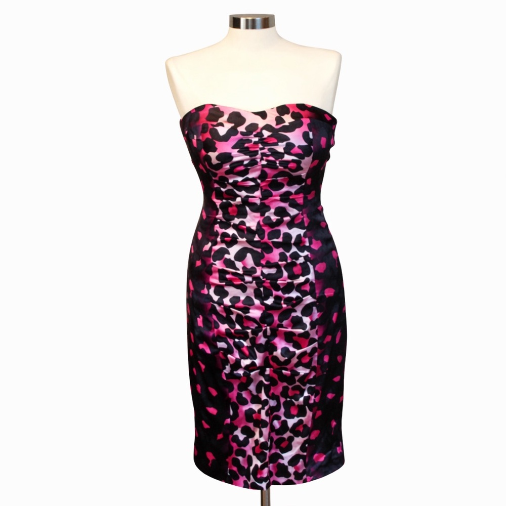 Cache Silk Strapless Dress 4 Pink Black Leopard Print Ruched Bodycon